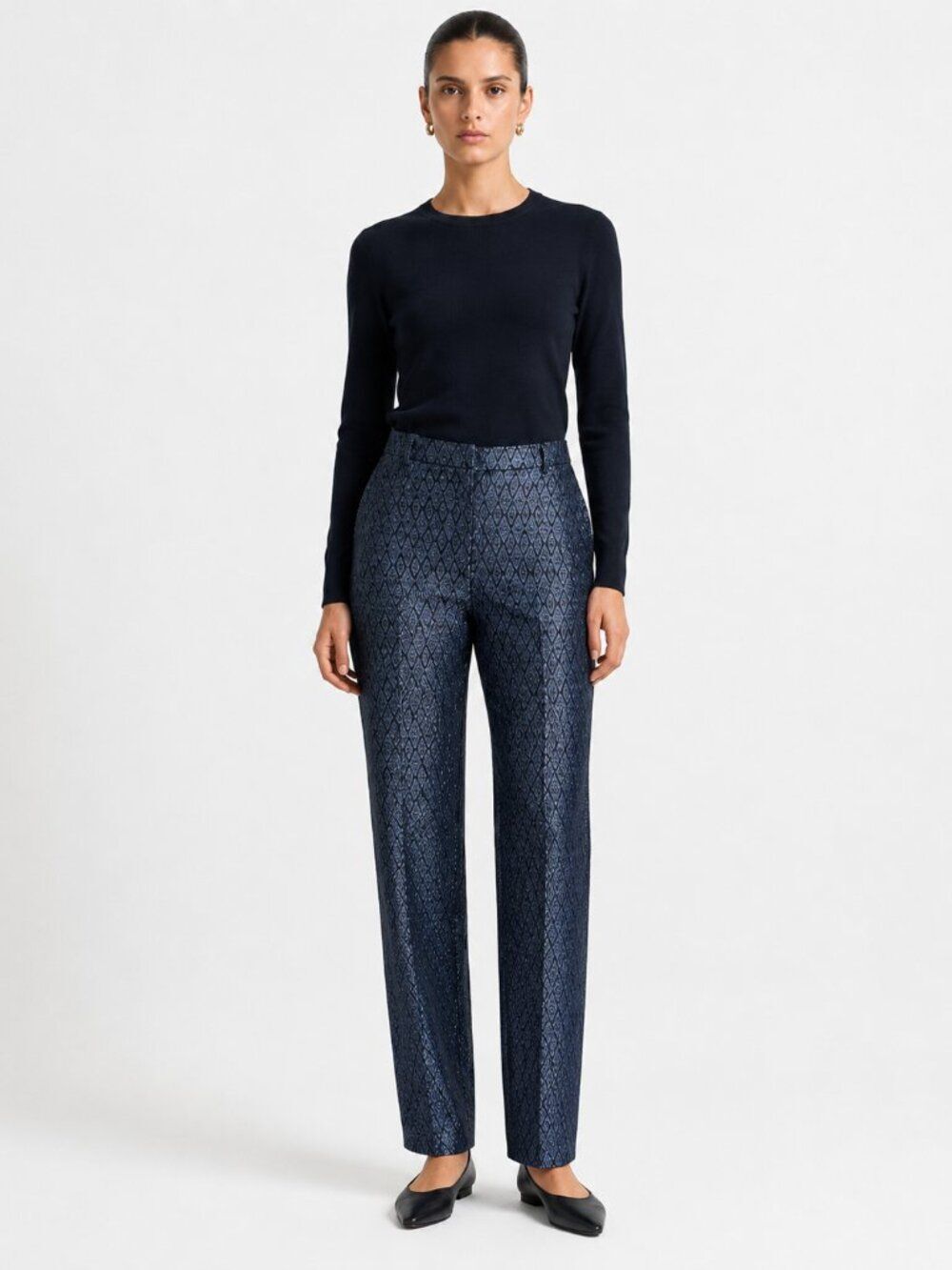 Zac Posen Navy Blue Metallic Diamond Jacquard Straight Leg Pants Size 6